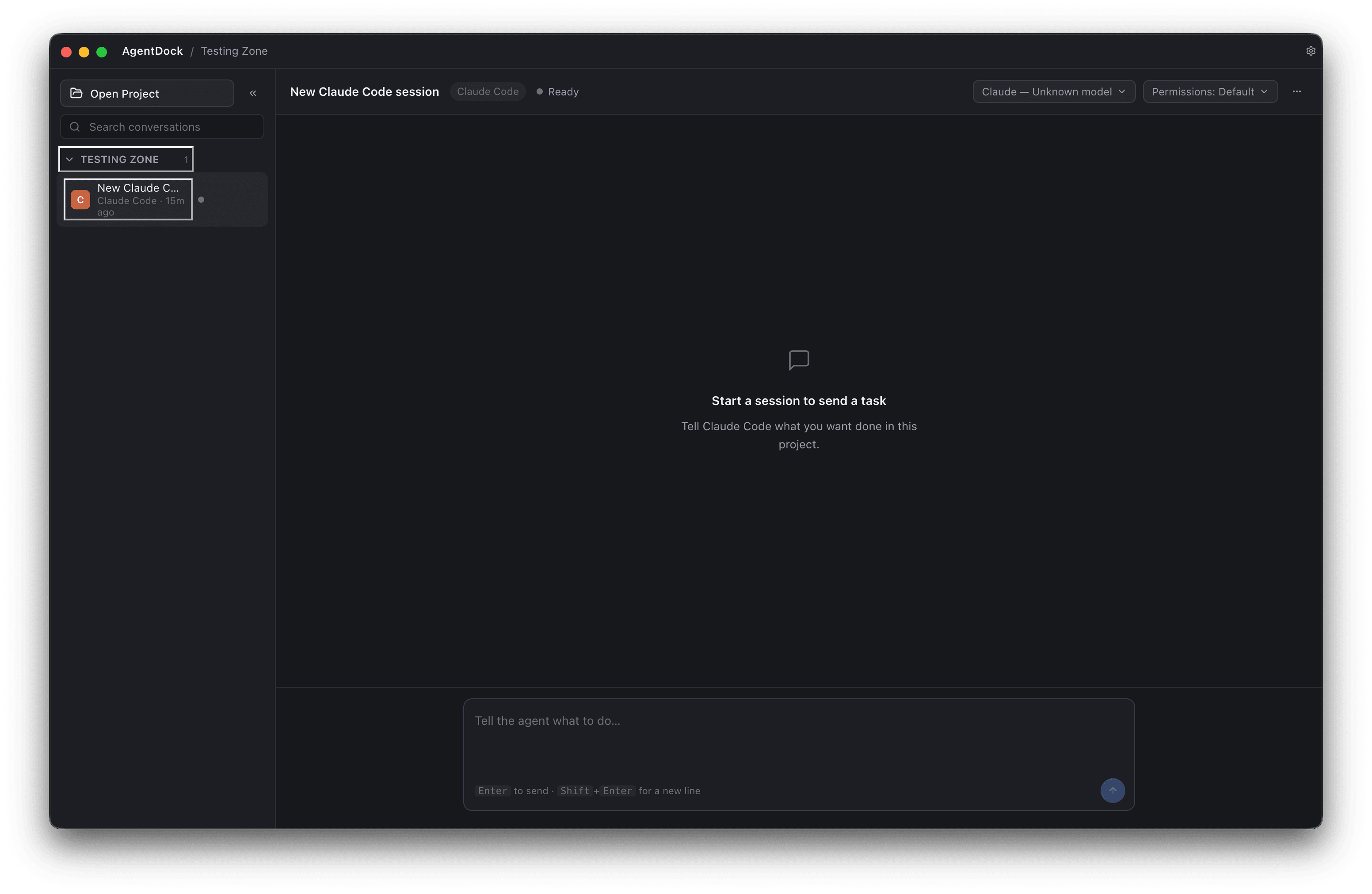 AgentDock project view with a new Claude Code session ready to start, and a search field for prior conversations