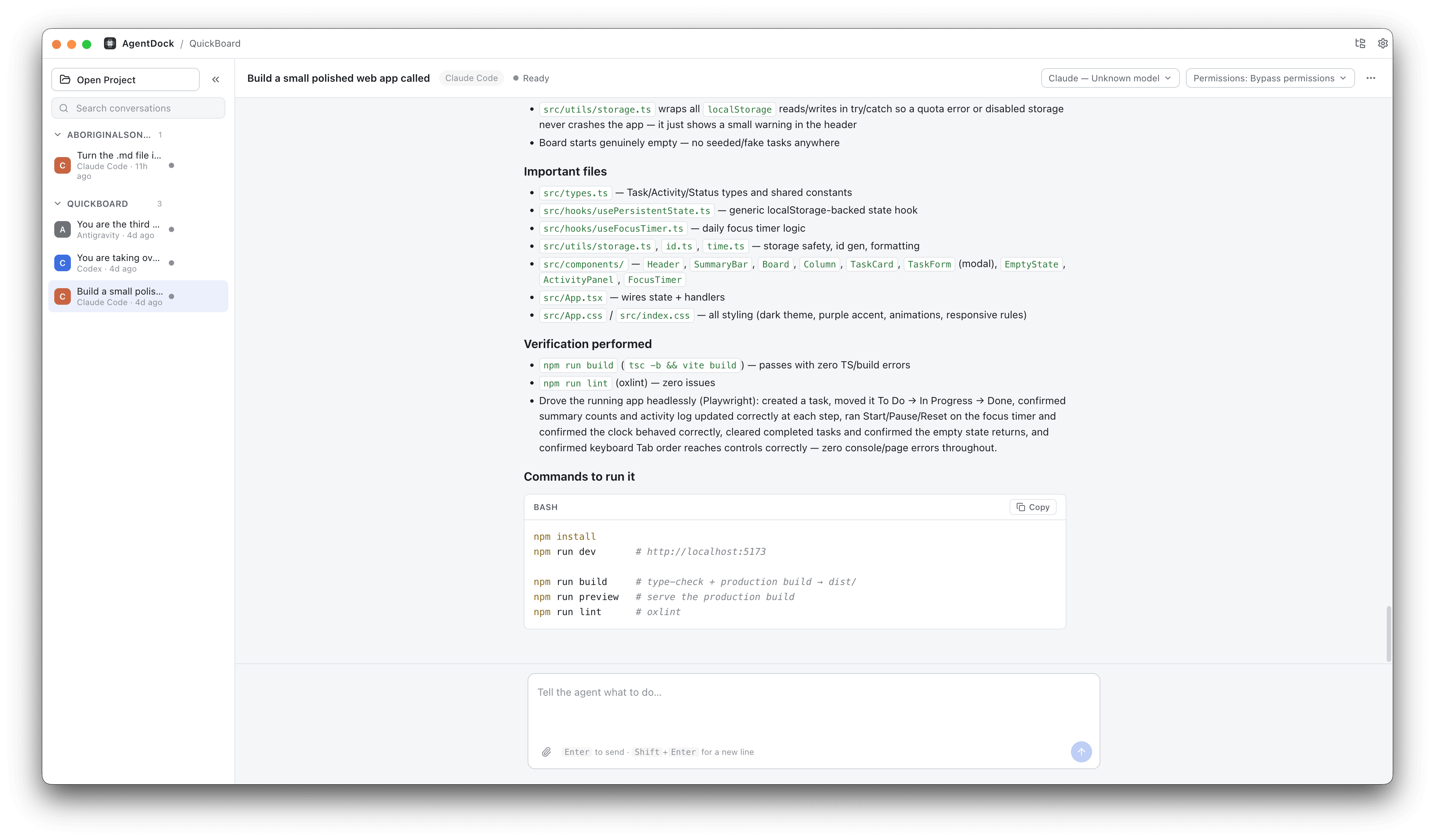 AgentDock session thread showing a completed Claude Code task summary with file references and shell commands