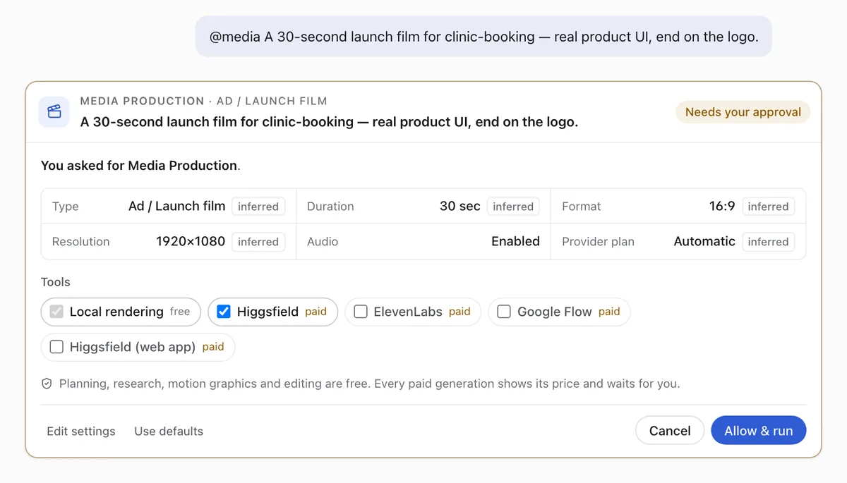 A Media Production card: type, duration and format inferred from the request, with free and paid tools.