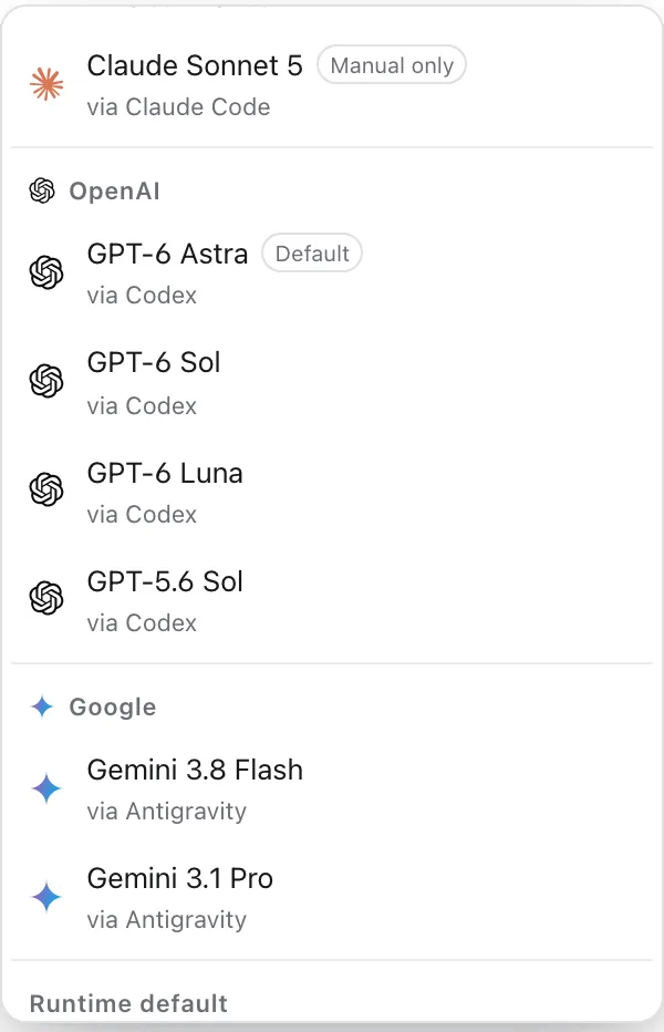 The model picker, grouped by Anthropic, OpenAI and Google.